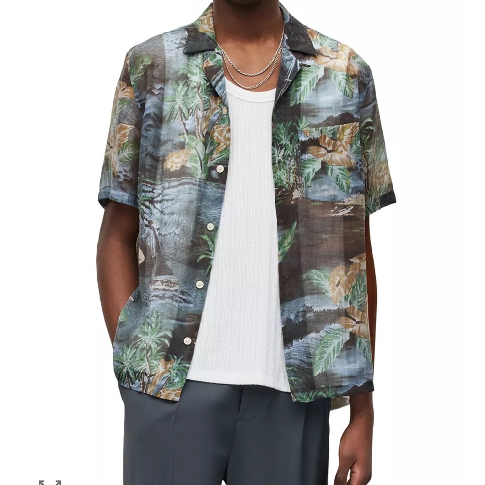 AllSaints Aquila Short Sleeve Shirt Tropical Print Relaxed Fit Button Front